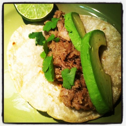 Pork carnitas with avocado, cilantro, and lime.